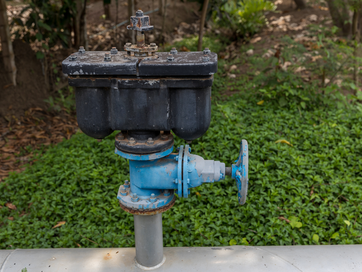 blue water main pipe above the ground with a blue valve surrounded by dirt